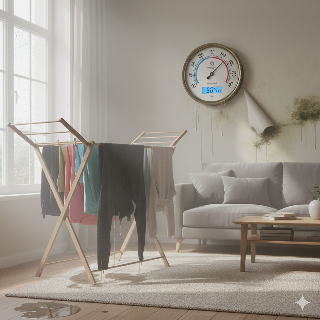 Étendoir à linge dans un salon - source d'humidité intérieure